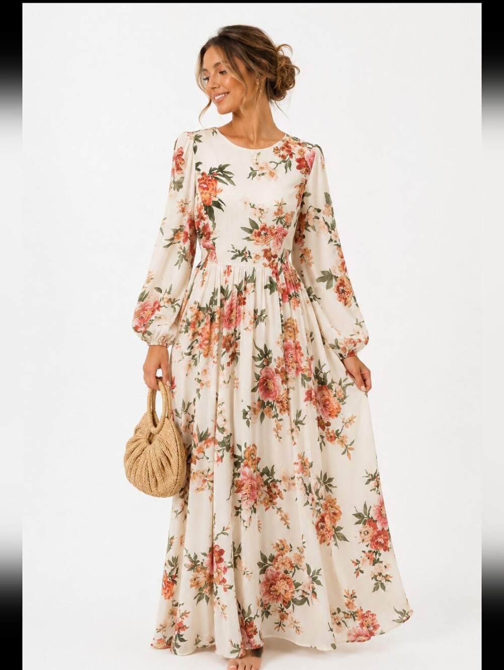 Champagne & Strawberry Floral Maxi Dress Cottagecore Romantic Boho Long Sleeve